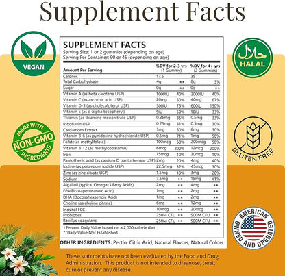 Kids Multivitamin Gummies with Iron & Probiotics - Vegan, Gelatin-Free, Halal, Orange & Strawberry Flavors, 90 Count