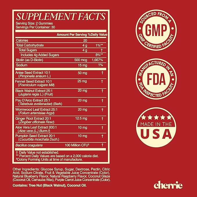 CHERRIE Vaginal Probiotic Gummies for Women, Balanced pH, Healthy Odor, Yeast Balance & Flora Support, Bloating Relief, Gut Health, Mixed Berry Flavor, 60 Count
