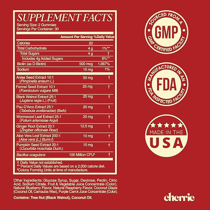 CHERRIE Vaginal Probiotic Gummies for Women, Balanced pH, Healthy Odor, Yeast Balance & Flora Support, Bloating Relief, Gut Health, Mixed Berry Flavor, 60 Count