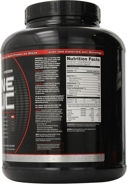 Ultimate Nutrition Carne Bolic Beef Protein Powder, Lactose Free Protein Shakes, Paleo and Keto Friendly with No Sugar or Carb, Low Calorie Isolate Powder, Hydrolized Protein, 60 Servings, Vanilla