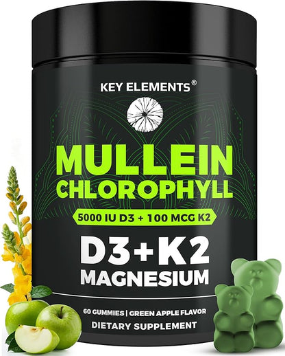 Mullein Gummies for Lung Support with Chlorophyll Magnesium, Vitamin D3 5000 IU & Vitamin K2 100 MCG - Mullein with Chlorophyll Gummies for Lung, Bone, & Immune Support – Vegan, Non-GMO, Gluten-Free
