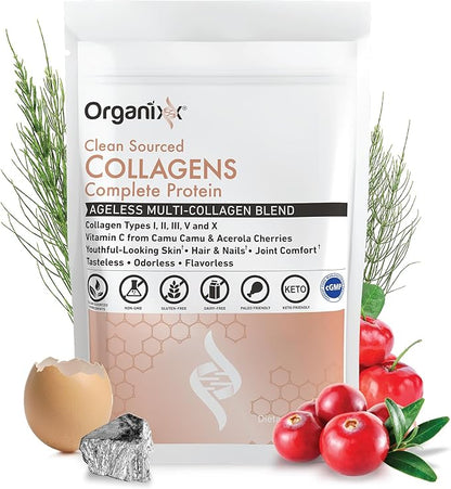 Organixx Clean Sourced Collagen Peptides Powder with Vitamin C, Types I, II, III, V, X Hydrolyzed Collagen, Hair, Nail, Skin, Bone & Joint Health, Aging Support, Gluten Free, Unflavored, 20 Servings