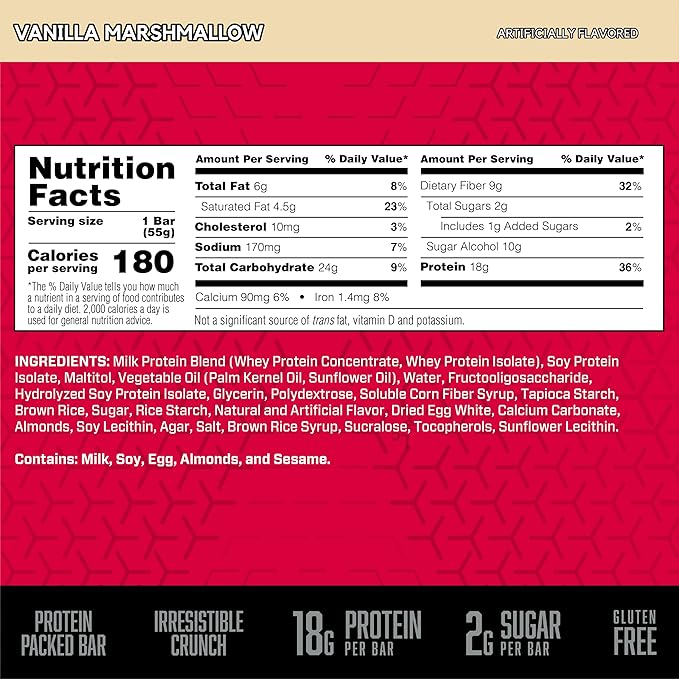 BSN Protein Crisp Bar, Vanilla Marshmallow, 18 Gram Protein Snack Bars with Whey and Fiber, Gluten-Free Crunchy Energy Bars for Workout, Fitness, On-the-Go, 12 Count