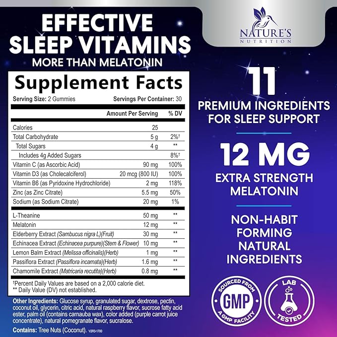 Sleep Gummies with Melatonin 12 mg Per Serving - Extra Strength Sleep Vitamin Gummy, Natural Melatonin Gummy, Occasional Sleep Support Supplement for Adults, Vegan, Gomitas para Dormir - 60 Gummies