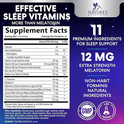 Sleep Gummies with Melatonin 12 mg Per Serving - Extra Strength Sleep Vitamin Gummy, Natural Melatonin Gummy, Occasional Sleep Support Supplement for Adults, Vegan, Gomitas para Dormir - 60 Gummies