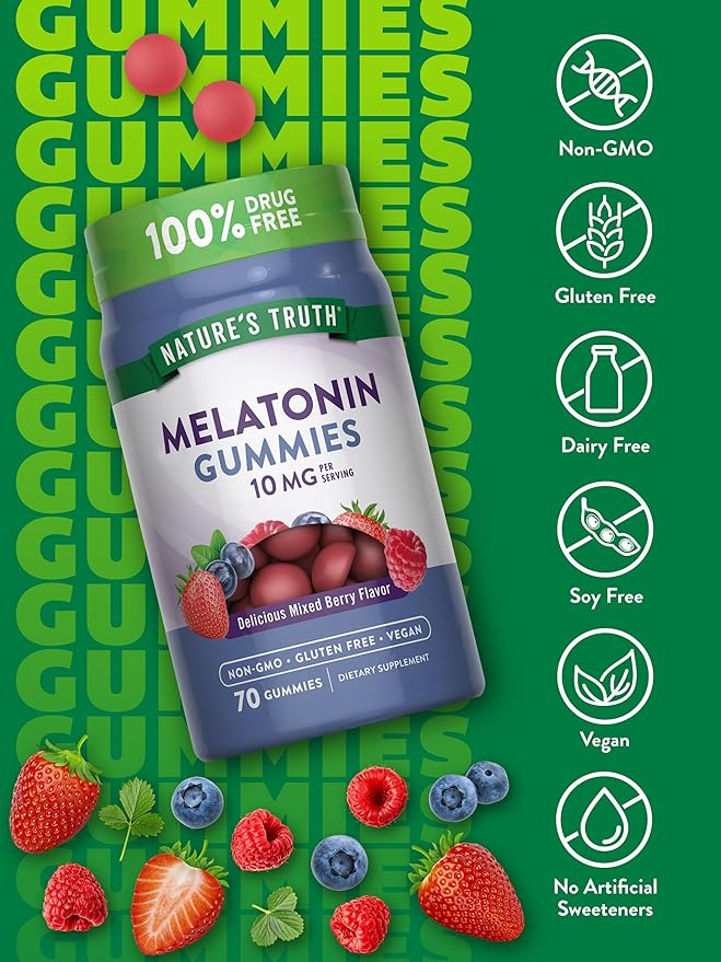 Nature's Truth Melatonin 10mg Gummies | 70 Count | Berry Flavor | Vegan, Non-GMO, and Gluten Free Supplement