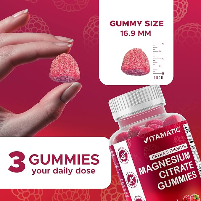Vitamatic Extra Strength Magnesium Gummies – 255 mg Elemental Magnesium per Serving – 60 Gummies (2-Pack) Supports Relaxation, Muscle Function, Bone Health & Energy – Vegan, Non-GMO, Gluten-Free