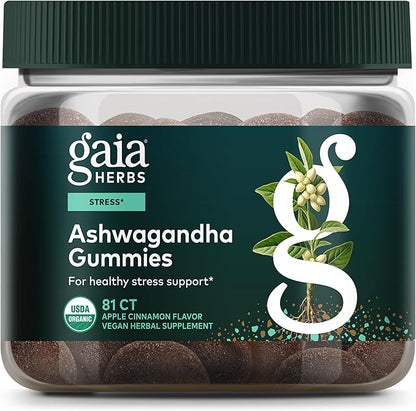 Gaia Herbs Organic Ashwagandha Gummies - Stress Support* - Made with Cinnamon & Ginger - Gluten Free & Vegan - 81 Count (27 Servings)