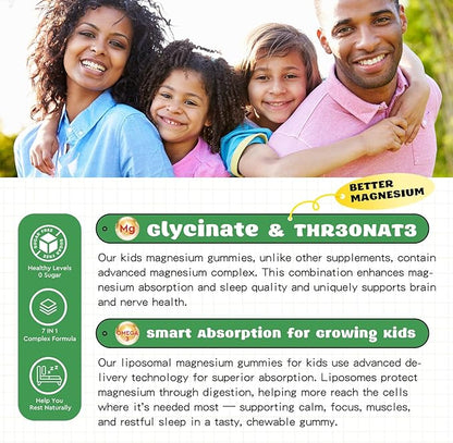 Liposomal Kids Magnesium Gummies- Magnesium Glycinate Gummies for Kids Supplement-w/Omega-3, Vitamin B6, D3- Support Calm Stress Relief, Bones, Mood, Green Apple & Kiwi Flavor, 60 Count