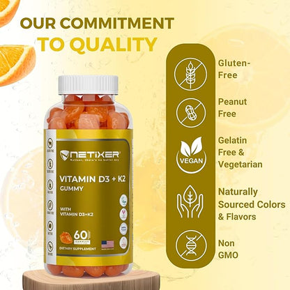 Vitamin D3 K2 Gummies for Adults – 60 Vegan Orange Gummies | 400 IU (10 mcg) D3 + 55 mcg Vitamin K2 MK-7 | Individually Wrapped, Gelatin-Free, Gluten-Free, Non-GMO | Halal Certified