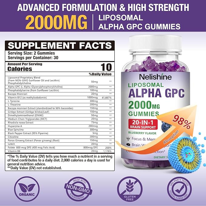 2 Pack Liposomal Alpha GPC 2000mg & Citicoline Gummies Complex Phosphatidylserine,Ginkgo Biloba,L-Tyrosine,Huperzine A & B Vitamins,20-in-1 Blend for Focus, Memory & Cognitive Support