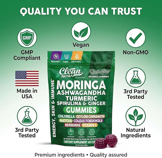 Clean Nutra Moringa Gummies | Pure Moringa Powder Supplement + Ashwagandha Turmeric Spirulina & Ginger Energy, Skin, Immune & Gut Health Green Superfood - Moringa Capsules Alternative