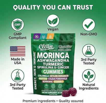 Clean Nutra Moringa Gummies | Pure Moringa Powder Supplement + Ashwagandha Turmeric Spirulina & Ginger Energy, Skin, Immune & Gut Health Green Superfood - Moringa Capsules Alternative