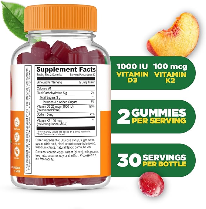 Lifeable Vitamin D3 K2 Gummies for Adults | 1000iu D3 and K2 100mcg | Great Tasting D3 and K2 Supplements | for Immune Support | VIT D3 K2 for Adults, Men, and Women | 60 Gummies