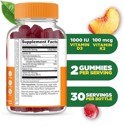 Lifeable Vitamin D3 K2 Gummies for Adults | 1000iu D3 and K2 100mcg | Great Tasting D3 and K2 Supplements | for Immune Support | VIT D3 K2 for Adults, Men, and Women | 60 Gummies