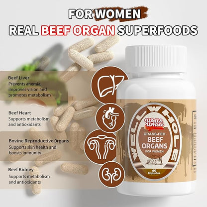 Well&Whole Grassfed Beef Organ Supplement Capsules, Organic Female & Male Bovine Organ Complex, Grass Fed & Pasture Raised, Total Body Wellness Support, 60 Capsules, 60 Days Supply