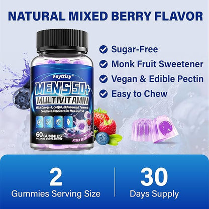 Sugar Free Multivitamin Gummies for Men 50 Plus - Methylated Multivitamin with Omega-3, CoQ10, Elderberry & Turmeric for Energy, Immune, Gut, Health Support - Vegan, Non-GMO, Gluten-Free
