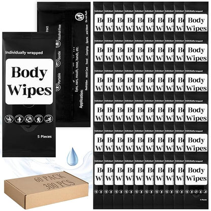 300 Pcs 60 Pack Body Wipes for Adults Bathing No Rinse Individually Wrapped Shower Wipes Washcloth with Aloe Cleansing Body Wash Cloths Disposable Bulk Deodorant Homeless(Black Background)