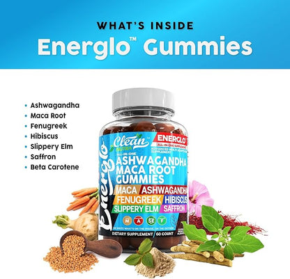 Ashwagandha Maca Root Gummies with Fenugreek Hibiscus Slippery Elm Saffron Extract & Beta Carotene | Peach Flavor Vegan Gummy Vitamins Adaptogen Cortisol Supplement Energlo By Clean Nutra