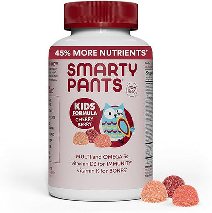 SmartyPants Kids Multivitamin Gummies: Omega 3 Fish Oil (EPA/DHA), Beta Carotene, Vitamin B12, B6, A, K & Zinc for Immune Support, Biotin, Grape, Cherry & Berry Flavors, 120 Count (30 Day Supply)