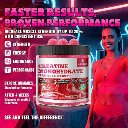 Creatine Monohydrate Gummies (5g) – Pre-Workout Energy & Muscle Growth Support for Men & Women | Raspberry Electrolyte Gummies (135 Count)
