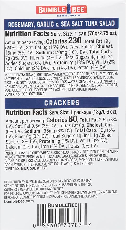 Bumble Bee Snack On The Run! Protein Pack, 8g per Box - Rosemary, Garlic, Sea Salt Tuna Salad with Crackers Kit - Ready to Eat Easy-Open Can - Wild Caught MSC-Certified Tuna (Pack of 12)