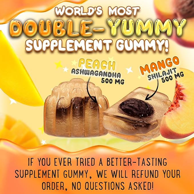 OH MY CHEWY Pure Himalayan Shilajit Gummies - High Potency Gold Grade Resin - Energy Boost and Immune Support for Men and Women with Ashwagandha and Shatavari - 120 Gummy - Peach & Mango