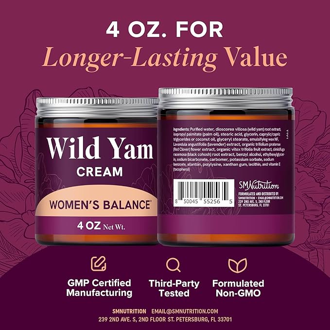 Wild Yam Cream for Hormone Balance | 3450mg Wild Yam for Herbal Menopause & PMS Support | Enriched with Vitex, Black Cohosh, Lavender & More | Estrogen & Progesterone Free Balancing Cream | 4 Oz.