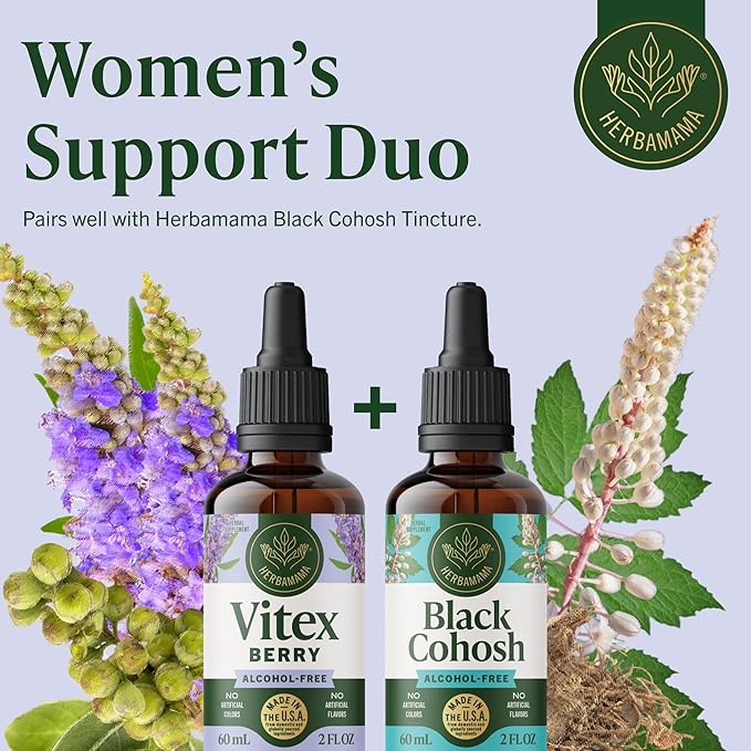 HERBAMAMA Vitex Chasteberry Supplement for Women - Natural Menopause Support* with Vitex Berry Tincture - Chaste Tree Berry Drops for Hormonal Balance & Cycle Support* - 42-Day Supply