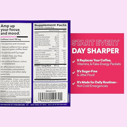 EBOOST SUPER POWDER Drink Mix - Acai Pomegranate 0.2 oz 20 Pack Hydration Energizer Electrolytes Powder - 13 Vitamins & Minerals - 110 mg Caffeine - 0 Added Sugar - No Artificial Flavors or Sweeteners