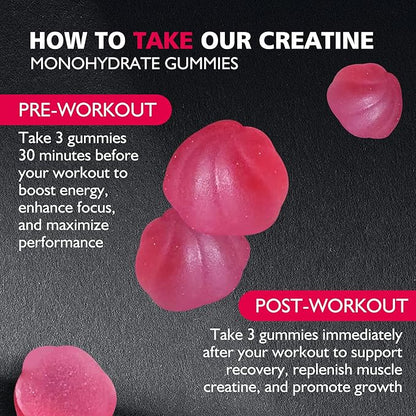 Creatine Monohydrate Gummies for Men & Women - 5g of Creatine Monohydrate per Serving - Sugar Free,Vegan, Raspberry Flavor, 135 Count (45 Servings).