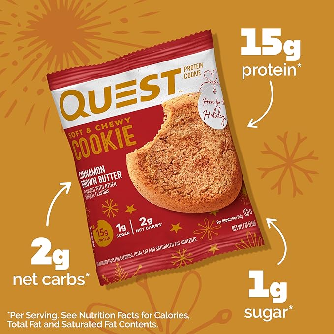 Quest Nutrition Cinnamon Brown Butter Protein Cookie, 15g Protein, 1g Sugar, 2g Net Carbs, Keto Friendly, High Protein, Low Carb; 12 Count
