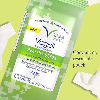 Vagisil Wipes for All Over Cleaning, Health Detox, Formulated with Essential Oils, 20 Wipes in a Re-Sealable Pouch (Pack of 24)