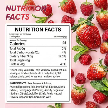 Protein Gummies, 144g Protein Per Bottle, Zero Sugar, Supports Daily Vitality, Low-Calorie, Guilt-Free, Strawberry Flavor, 60 Gummies