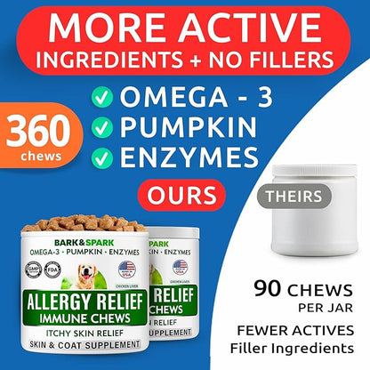BARK&SPARK Dog Allergy Relief Soft Chews for Skin Health & Seasonal Allergies - Anti-Itch Supplement w/Omega-3, Quercetin & Bromelain Immune Treats for Dry Skin & Hot Spots - Chicken Liver - 240ct