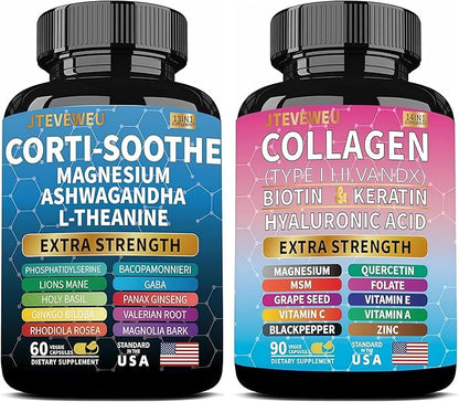Shining Serenity Set, Cortisol Support with Ashwagandha, L-Theanine, Magnesium, Lions Mane, GABA, Bacopa Monnieri, Collagen Biotin, Keratin, Hyaluronic Acid, Quercetin