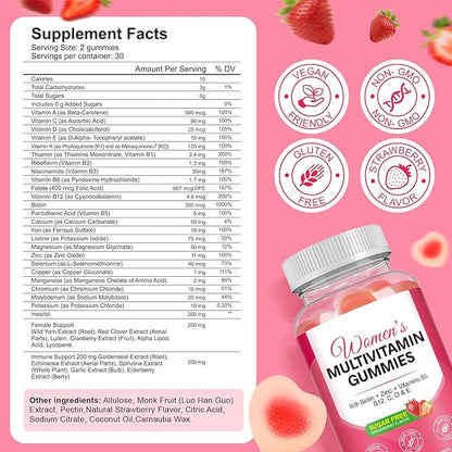 Multivitamin for Women, Womens Multivitamin Gummies with Minerals, Biotin + Zinc + Vitamins B6, B12, C, D & E,100% Natural Strawberry Flavor,No Sugar,60 Gummies