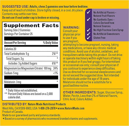 Nature Made Melatonin + Magnesium Gummies, Sleep and Relax Support, Melatonin 3mg Non-Habit Forming Sleep Aid, Magnesium Citrate, 50 Gummies