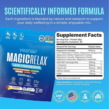 MAGICRELAX Supercalm 8-in-1 Chelated Magnesium Powder Drink Mix,KSM-66 Ashwagandha, Saffron, GABA, L-Theanine, Vitamin D3,Supports Stress Healthy Cortisol, Mood & Sleep, Zero Sugar Raspberry Lemonade