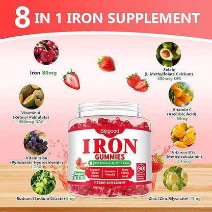 180 Count | Iron Supplement for Women,Men & Kids, Iron Gummies for Iron Deficiency & Anemia with Vitamin C B6 B12,Folate-Iron Supplement Support Bl♡♡d Oxygen & Energy Boost, Vegan,Non-GMO &Gluten Free