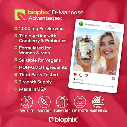 biophix D-Mannose 1000mg Capsules with Cranberry & Probiotics - D Mannose Supplements for Women - D-Mannose Pills for Urinary Tract & Bladder Health Support - Digestive Well-Being - 120 Vcaps 2 Pack