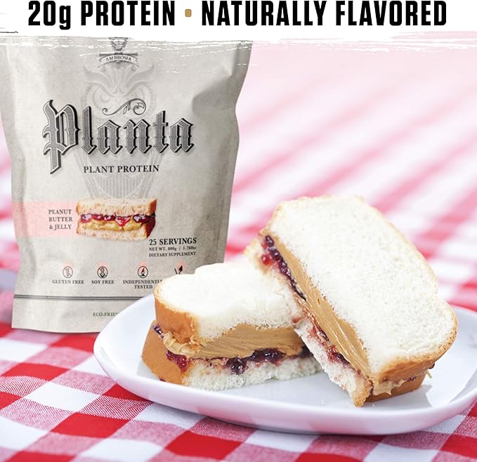 Ambrosia Planta - Plant-Based Protein Powder 20g | Dairy Free Vegan Protein Powder with BCAA Amino Acids | Keto-Friendly, No Added Sugar | 25 Servings | Peanut Butter & Jelly
