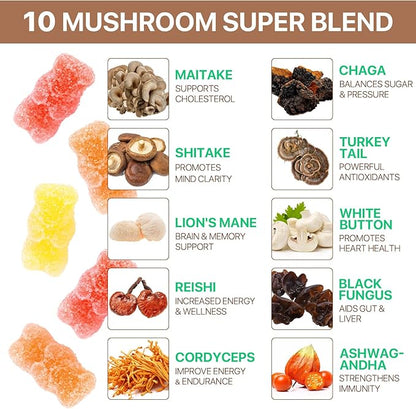 Mushroom Gummies for Adults,10x Mushroom Supplement,Energy, Focus, Mood & Cognitive Support,Vegan, Immune, Brain Support & Chill Mushroom Complex Gummy,80 Gummies