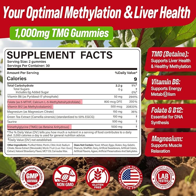 2Pack TMG Gummies 1000mg Betaine Anhydrous + Methylated Multivitamin & B Complex Methylated(Methylfolate B12 B6), Magnesium, Taurine - Essential Trimethylglycine for Homocysteine Levels, Brain, Energy