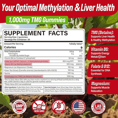2Pack TMG Gummies 1000mg Betaine Anhydrous + Methylated Multivitamin & B Complex Methylated(Methylfolate B12 B6), Magnesium, Taurine - Essential Trimethylglycine for Homocysteine Levels, Brain, Energy