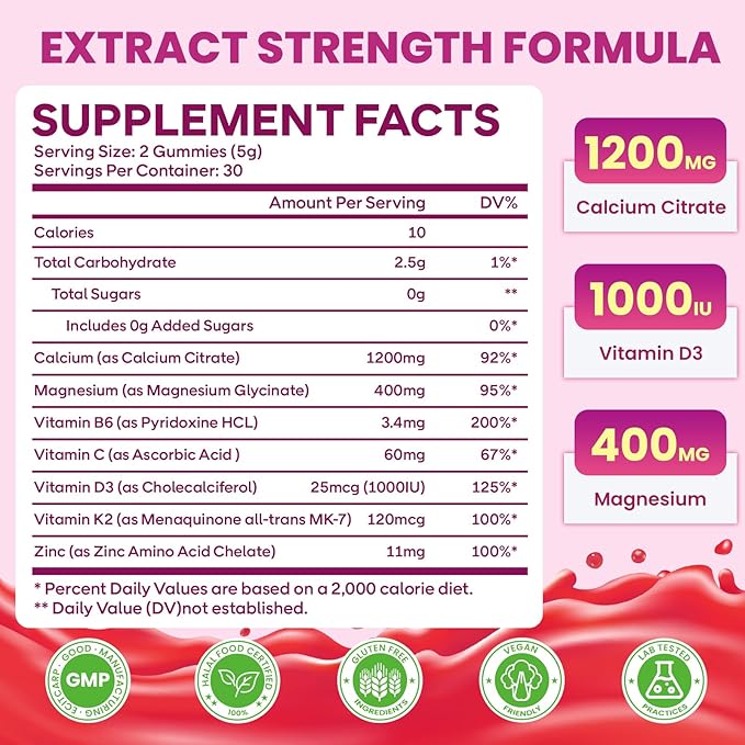 2 Pack Calcium Citrate Gummies 1200mg, High Absorption Calcium Supplements for Women & Men, Sugar Free Calcium Gummies for B0ne, Muscle & Immune Support, Non-GMO, Raspberry Flavor 120 Count
