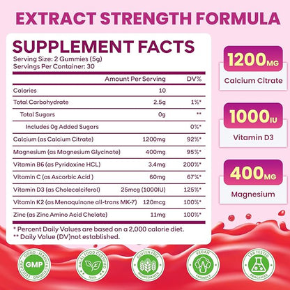 2 Pack Calcium Citrate Gummies 1200mg, High Absorption Calcium Supplements for Women & Men, Sugar Free Calcium Gummies for B0ne, Muscle & Immune Support, Non-GMO, Raspberry Flavor 120 Count