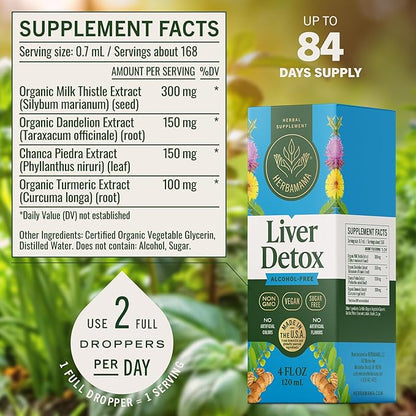 HERBAMAMA Liver Detox Liquid Drops - Vegan Liver Support with Milk Thistle, Dandelion Root, Chanca Piedra & Turmeric Tincture - Non-GMO, Alcohol & Sugar-Free Supplement - 84-Day Supply
