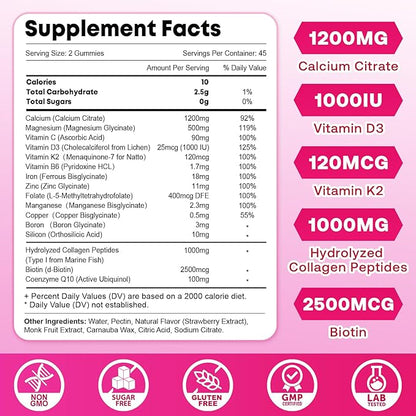 2 Pack Calcium Gummies for Women, Calcium Citrate 1200mg with Vitamin D3 K2, Collagen & Biotin, B0ne, Teeth, Immune & Hormone Support, Sugar Free, Non-GMO, Gluten-Free, Strawberry Flavor, 180 Count