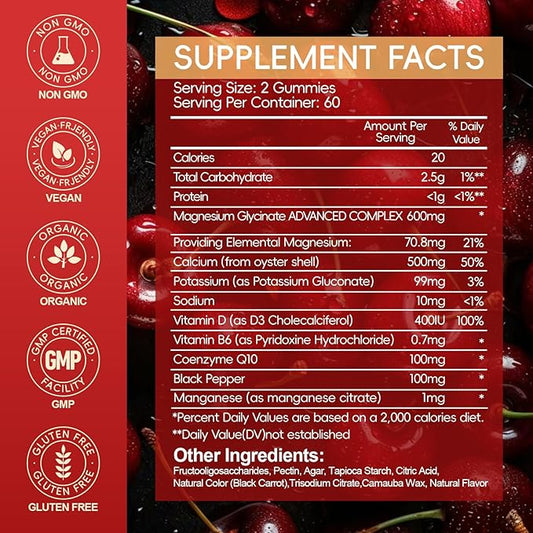 Magnesium Glycinate Gummies 600mg for Women and Men, High Absorption Magnesium Glycinate with Vitamin D, B6, and CoQ10 for Calm Support & Sleep, Sugar Free, Vegan, 120 Count
